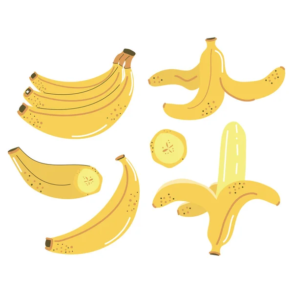 Set Hand Drawn Yellow Bananas Slice Peeled Banana Flat Vector — Stock Vector