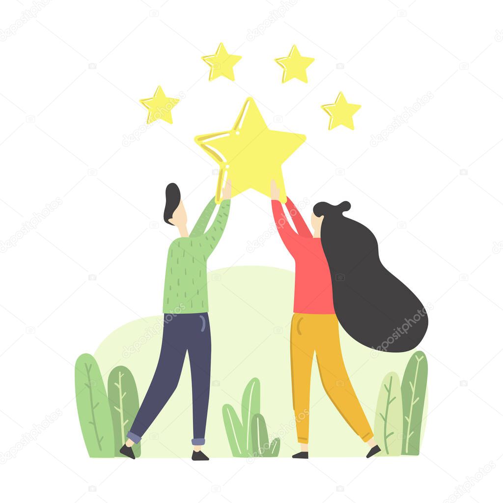 Two people give five star rating. Positive feedback, client, customer, consumer experience. Flat modern illustration.