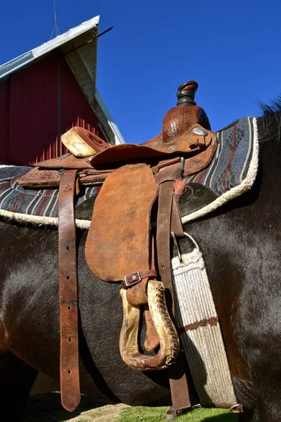 Een Close Van Een Zadel Gemonteerd Een Paard Klaar Voor — Stockfoto