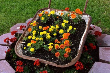 Eski paslı el arabası çiçek dolu ve dekoratif bloklar bir yüzük tarafından çevrili bir flowerbed aittir.
