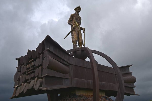 CHISHOLM, MINNESOTA, June 16, 2018:  The Iron Man Miners Memorial by John Anderson, dedicated in 1987 is found in the mining town of Chisholm.