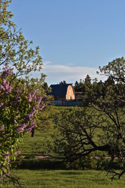 Kırmızı bir ahır mesafe ağaçlar ve Mera görülebilir olduğunu