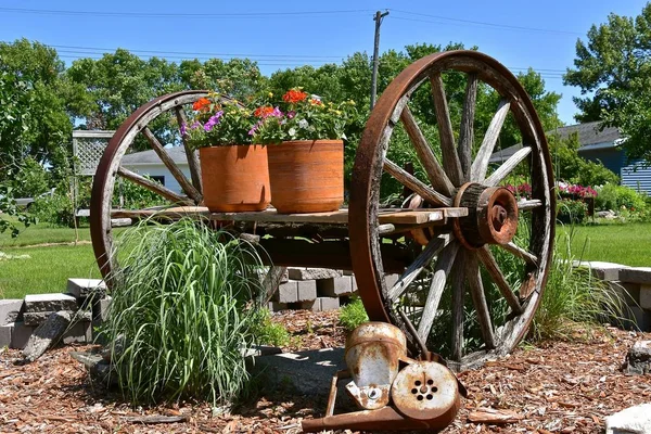 Old Wooden Wheels Cart Hold Several Pots Decorates Flower Garden — Stock Photo, Image