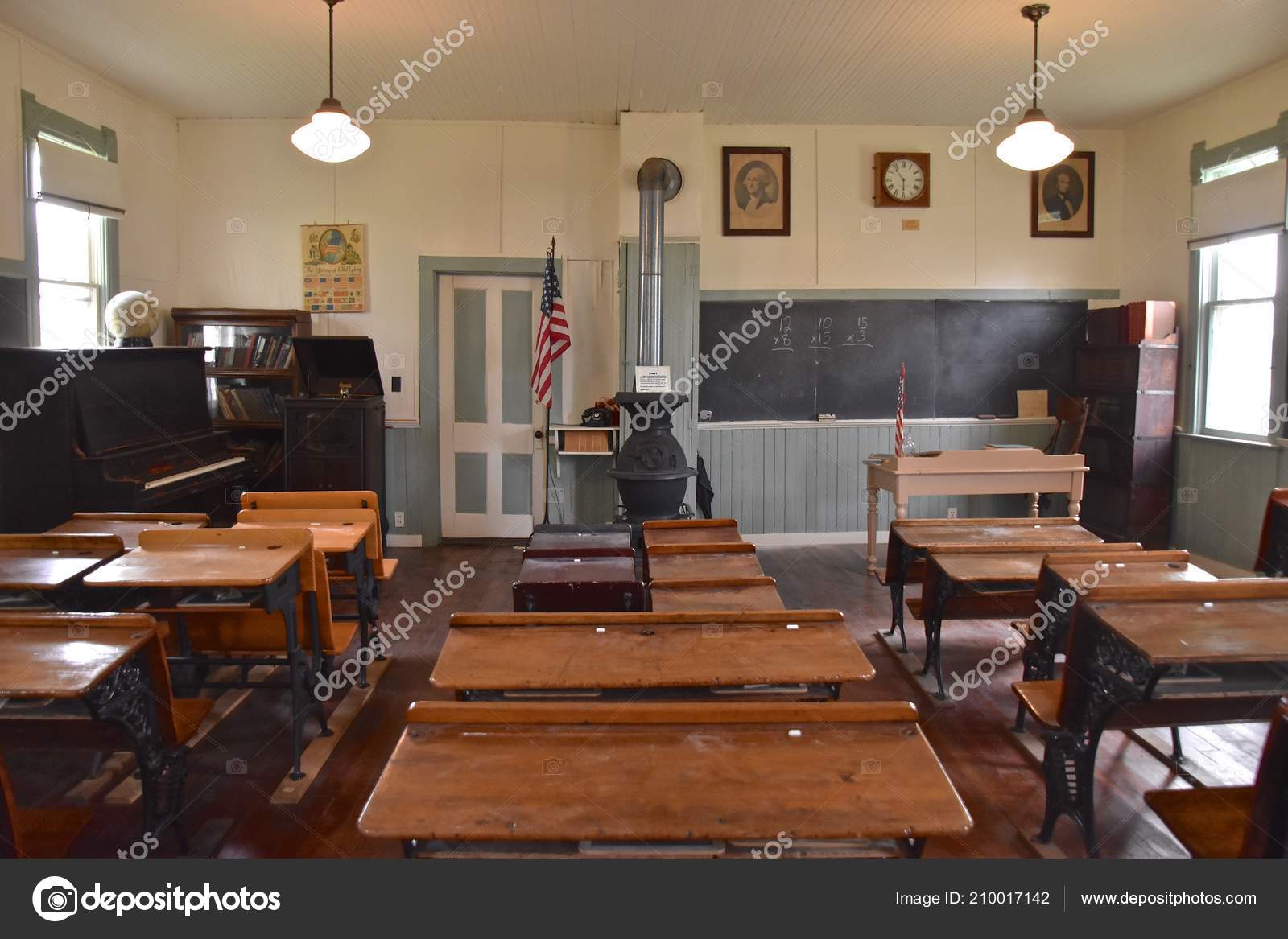 Old Rural One Room Schoolhouse Wooden Desks Chalkboard Stock