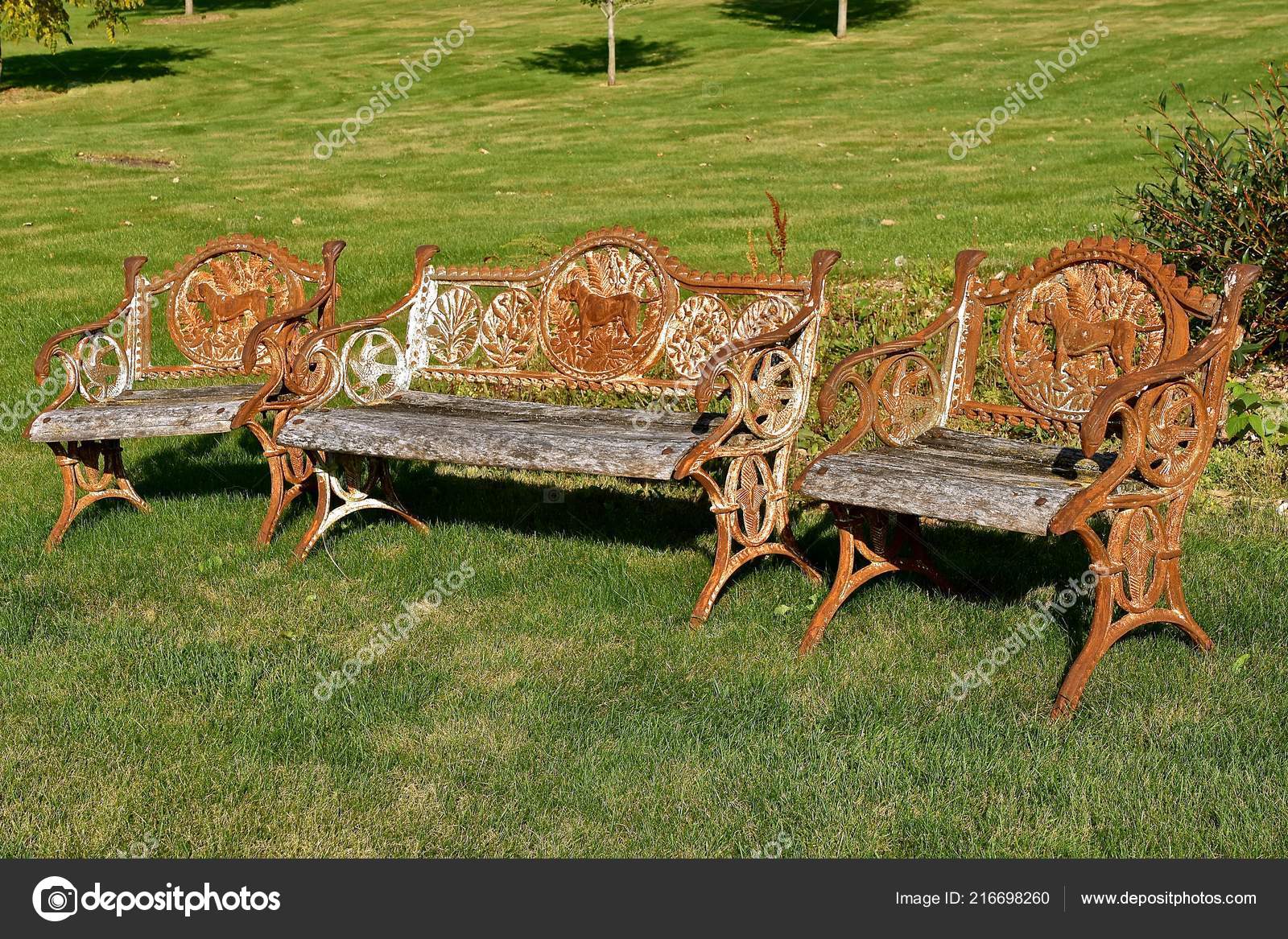 Three Old Outdoor Benches Weathered Wood Rusty Metal Placed Back