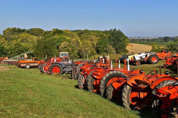 ROLLAG, MINNESOTA, September 1, 2018: A row of old Case tractors are on display at the annual WCSTR farm threshers reunion in Rollag held each labor Day weekend where thousands attend.