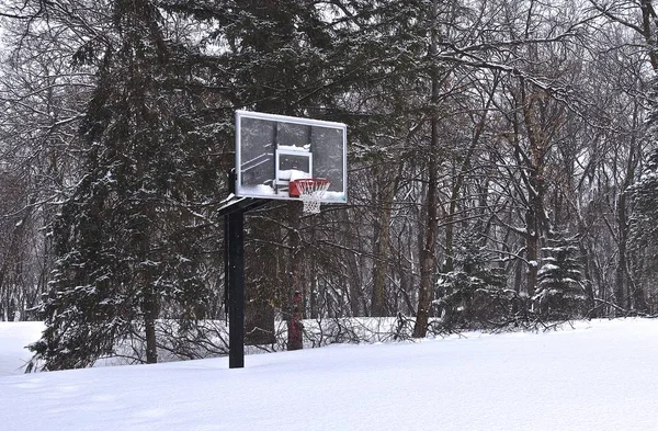 Terrain Basketball Extérieur Est Enterré Sous Une Couverture Neige Fraîche — Photo