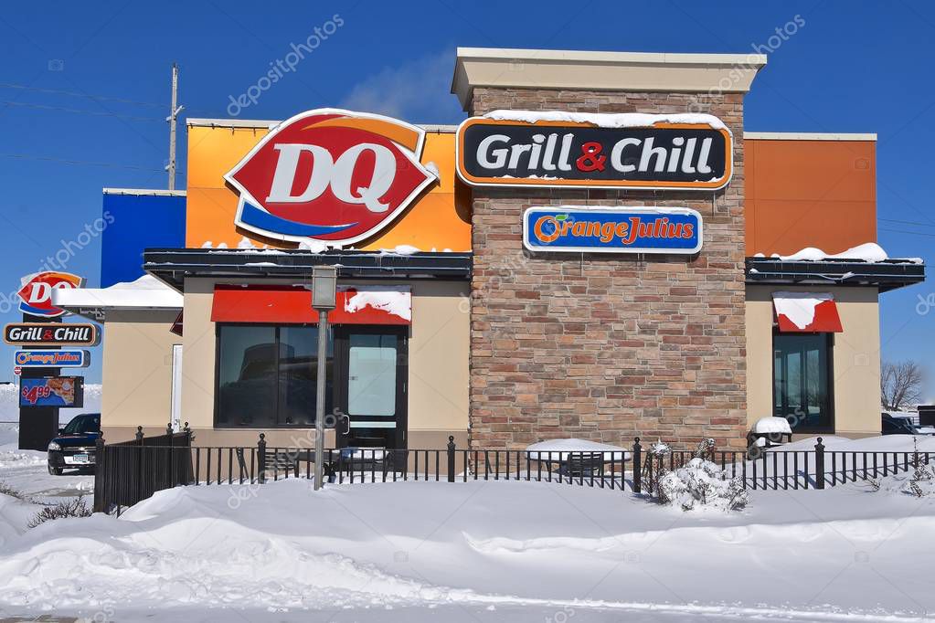 MOORHEAD, MINNESOTA, February 7, 2019: The DQ restaurant is a franchise of Dairy Queen, a chain of soft serve ice cream and fan-food restaurants owned by International Dairy Queen, Inc., a subsidiary of Berkshire Hathaway.