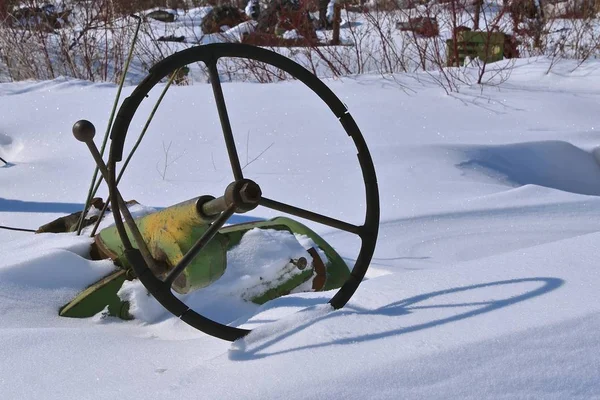 Steering Wheel Tractor Totally Buried Deep Snow Winter Blizzards — Stock Photo, Image