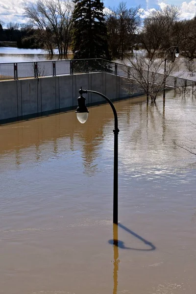 Poste Luz Arroja Sombra Sobre Las Aguas Río Que Inundado — Foto de Stock