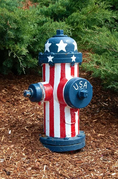 Старые Пожарные Гидранты Окрашены Патриотические Красные Белые Синие Цвета Звездами — стоковое фото