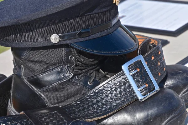 Equipo Cabeza Cinturón Las Botas Oficial Policía Caído Cumplimiento Del — Foto de Stock