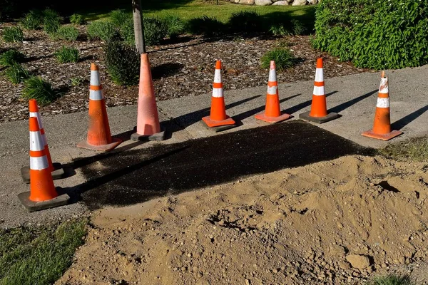 Orange warning cones surround an asphalt repair job on a sidewalk bike path.