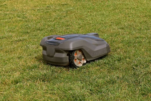 芝生ロボットの芝刈り機は人間の援助なしに草の上を動きます — ストック写真