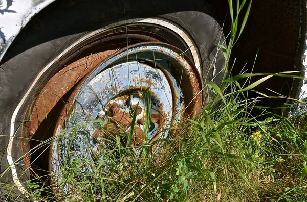Egy Öreg Autó Rozsdás Pereme Ami Magas Fűben Maradt Szintén — Stock Fotó