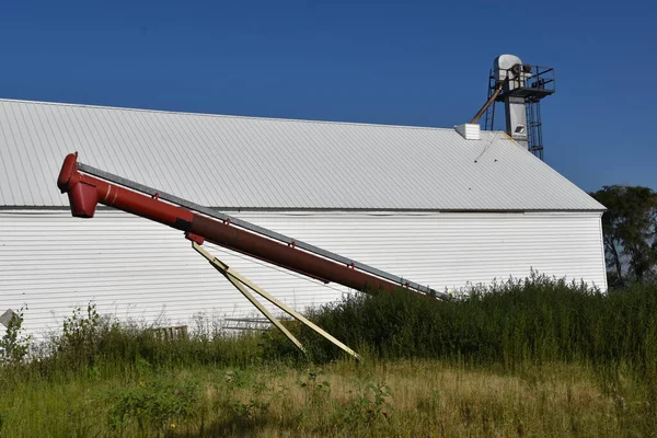 Bir Tüp Tahıl Asansörü Kısmen Uzun Çimenlere Bir Deponun Önüne — Stok fotoğraf