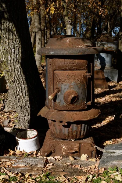 Vieux Poêle Bois Fonte Est Laissé Rouiller Parmi Les Arbres — Photo