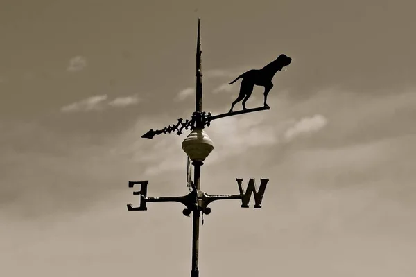 Avcı Köpeği Olan Eski Bir Rüzgar Gülü Doğu Batı Yönleri — Stok fotoğraf