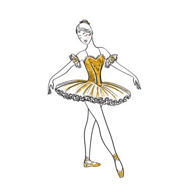 Altın elbiseli balerin silueti. Gerçekçi balerin, beyaz arka plana karşı güzel bir kadın. Bale afişi. Linar Vektör illüstrasyonu.