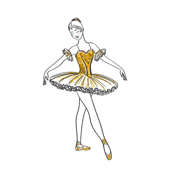 Ballet Dancer Silhouette Gold Dress Realistic Ballerina Beautiful Woman White — Stock Vector