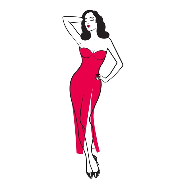 Gyönyörű fiatal nő hosszú piros ruhában, fehér háttérrel elszigetelve. Pin up modell. Készletvektor-illusztráció. — Stock Vector