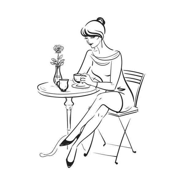 Черно-белая молодая женщина в кафе и завтракает. Женщина пьёт кофе. Иллюстрация на белом фоне. Ручной чернильный эскиз Женский портрет. — стоковый вектор