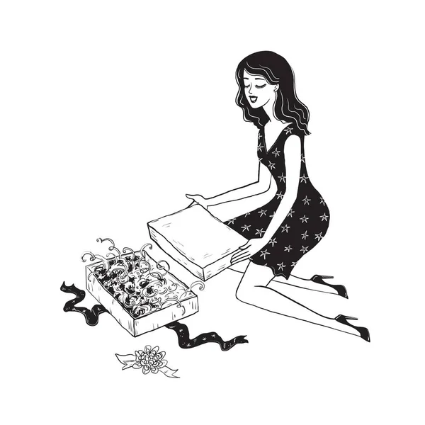 印刷幸せな笑顔リボンと贈り物の箱を持つ美しい若い女性。白地に描かれた手描きのスタイルキャラクター。黒と白のストックイラスト. — ストックベクタ