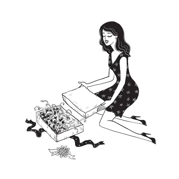 ImprimerJoyeux sourire Belle jeune femme avec une boîte de cadeaux avec rubans. Caractère de style dessiné à la main isolé sur fond blanc. Illustration en noir et blanc. — Image vectorielle