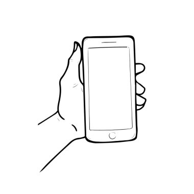 Adamın elinde cep telefonu var. Adam akıllı bir telefon gösteriyor. Siyah-beyaz çizgi film çizimleri beyaz arka planda izole edilmiş..