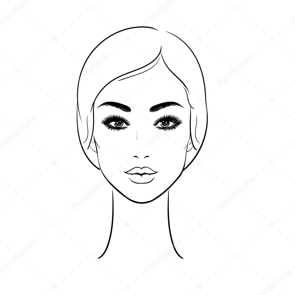 Beautiful Young woman face isolated on a white background. Beauty concept. Black and white logo. Outline sketch. Hand drawing illustration.
