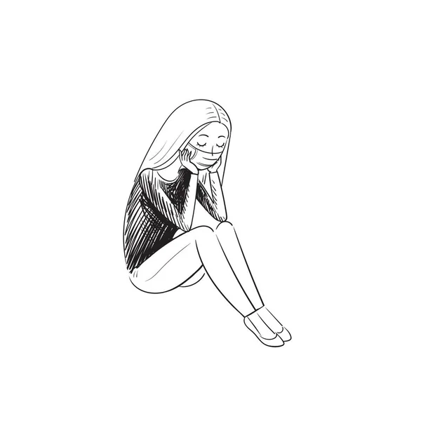 Menina deprimida triste sentar-se sozinho com máscara.Depressão do distanciamento social, isolado ficar em casa sozinho na crise coronavírus COVID-19. —  Vetores de Stock