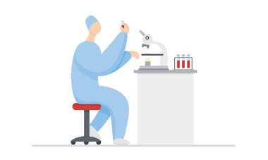 Laboratuvar asistanı kan örneği analizi yapıyor. Bir doktorun mikroskopla masada oturduğunu ve elinde kanla test tüpü tuttuğunu hayal et. Tıbbi test şablonu.