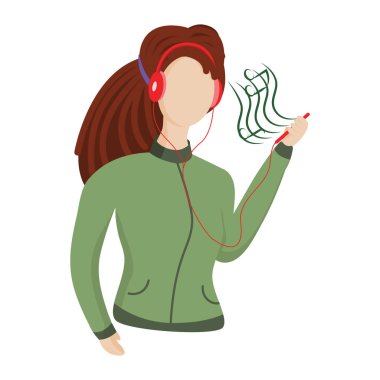 Rastalı genç kız kulaklıkla telefondan müzik dinliyor. Basit karakter modern daire