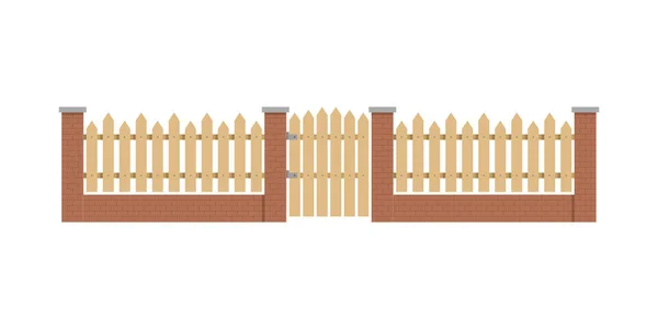 Mur Bas Brique Avec Petite Clôture Bois Illustration Vectorielle Isolée — Image vectorielle
