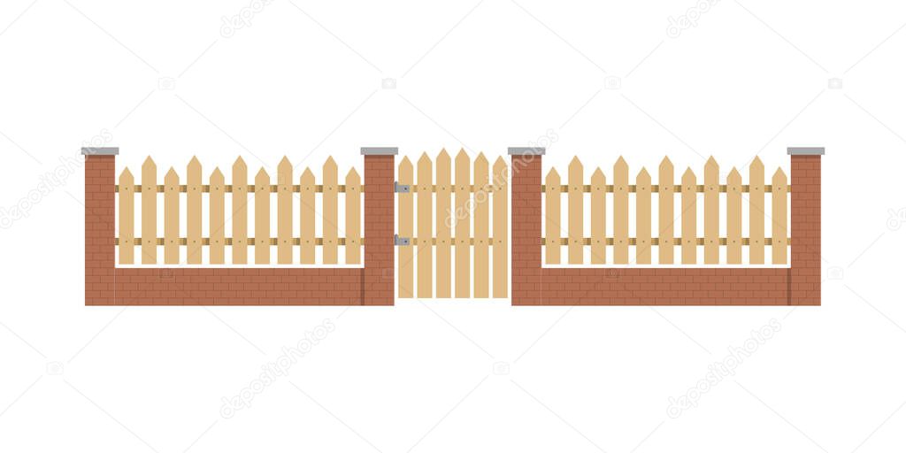 Low brick wall with little wooden fence. Isolated vector illustration on white background.