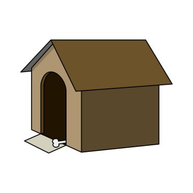 Kemik ve minderli kahverengi köpek kulübesi. Vektör illüstrasyonu beyaz arkaplanda izole edildi.