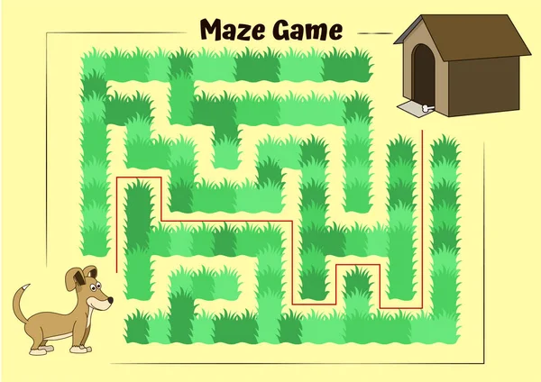 Hund Och Doghouse Maze Educational Spel För Barn Hjälp Hunden — Stock vektor