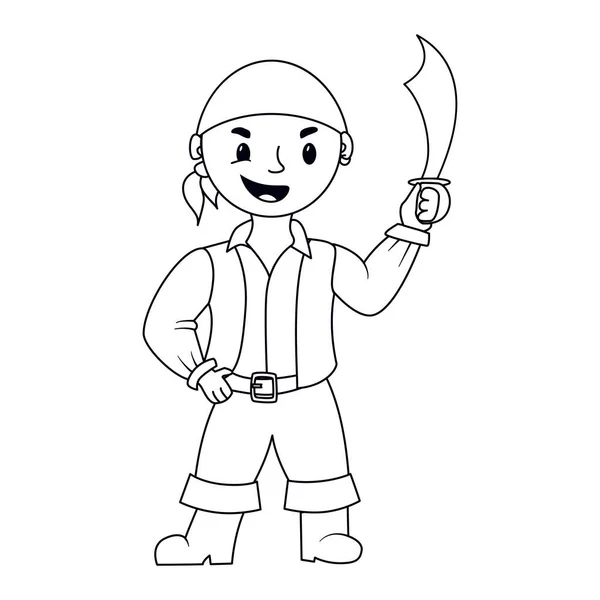 Coloring Page Outline Smiling Little Pirate Kid Holding Saber Vector — Stock Vector