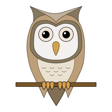 Beyaz arkaplanda izole edilmiş bir dalda oturan çizgi film baykuşunun vektör çizimi