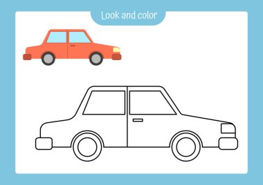 Bak ve renklendir. Renkli örneği olan bir karıncayı renklendirme sayfası. Çocuk yuvası aktiviteleri için vektör illüstrasyon, boyama kitabı.