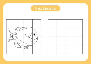 Balık resmini kopyala - ızgarayı kullan ve örnek al. Çocuklar için eğitici bir oyun. El yazısı ve çizim pratiği. Vektör illüstrasyonu.
