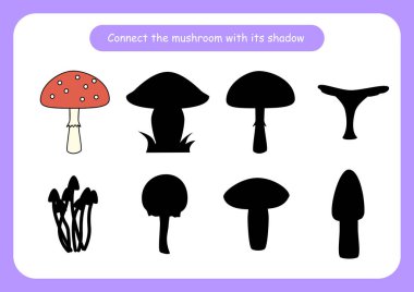 Çalışma kağıdı mantarı gölgesine bağlıyor. Çocuklar için eğitici bir oyun. Trenler dikkat ve konsantrasyon sağlar. Vektör illüstrasyonu