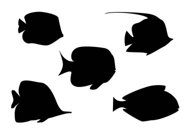 Beyaz arka planda izole edilmiş beş tropikal balık silueti. Vektör illüstrasyonu