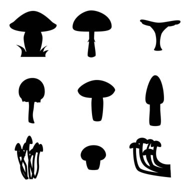 Dokuz tane mantar silueti. Çocuksu çizgi film tarzı. Vektör illüstrasyonu beyaz arkaplanda izole edildi.