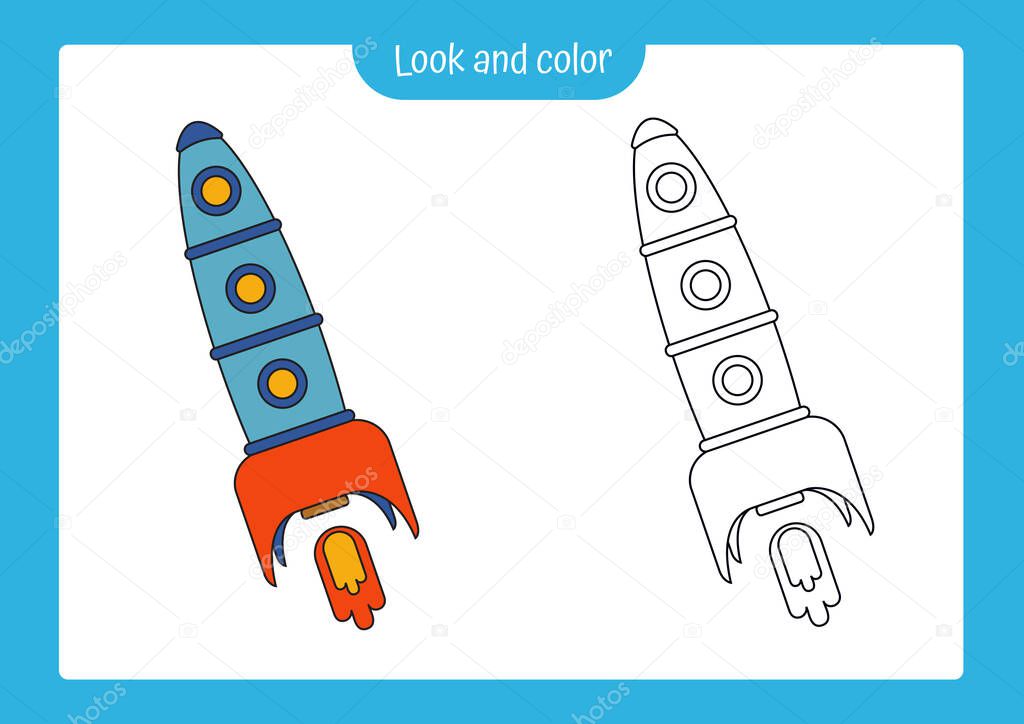 Look and color. Coloring page outline of a rocket with colored example. Vector illustration, coloring book for kids preschool activities.