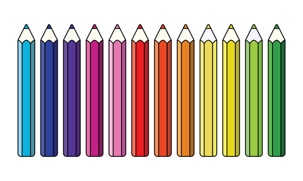 Twelve colored pencils in cartoon style for your design. Vector illustration.