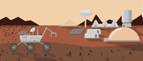 Conceptul Colonizare Marte Explorer Aşezare Marte Design Plat Ilustrație Vectorială — Vector de stoc