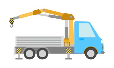 Sarı vinç, düz stil. İnşaat işi için özel makine. Beyaz arka planda izole edilmiş. Vektör illüstrasyonu.