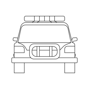 Polis arabasının önü beyaz arka planda izole edilmiş. Boyama sayfası. Vektör illüstrasyonu.