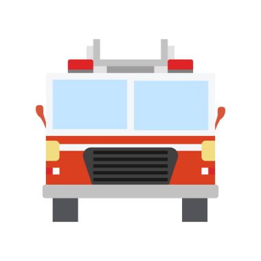 İtfaiye aracı düz yolda. Ön manzara, beyaz arkaplanda izole edilmiş. Vektör illüstrasyonu.